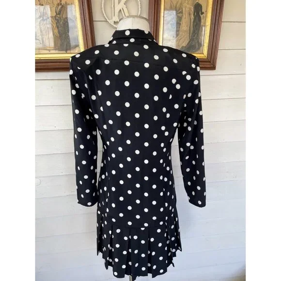 Vintage 1980s Black White Polka Dot Pleated Dress - Picture 2 of 12